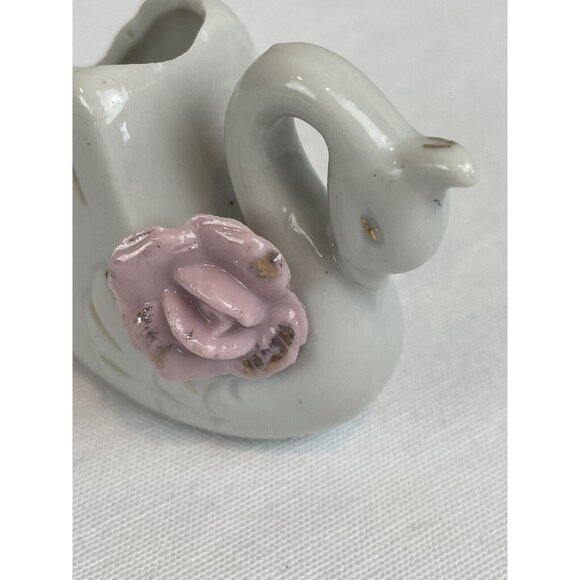 Vintage Mini White Swan Ceramic Planter Trinket Dish Pink Ceramic Roses Japan 2" - Picture 6 of 11